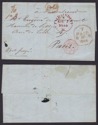 Gb England Edimbourg 1844 Stampless Cover To France.  Folded Letter With Contents