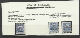 Spanish Civil War,  Huelva,  Nationalist Issues Ayamonte 3 Stamps Mh