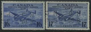 Canada 1942 - 43 16 & 17¢ Air Mail Special Delivery Ohms Perfins Unmounted Nh