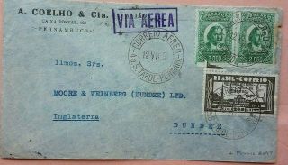 Brazil 1934 Airmail Cover To U.  K.  With Stuttgart Flying Boat Cancel & Chicken