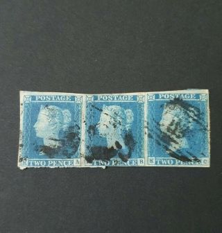 Gb Stamps Queen Victoria Sg 14 2d Blue Strip Of 3