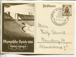 Olympics Berlin 1936 6pf Postal Card With Special Cancel Olympia - Stadion