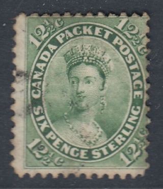 Canada Scott 18 12 1/2 Cent Queen Victoria Yellow Green " First Cents " F