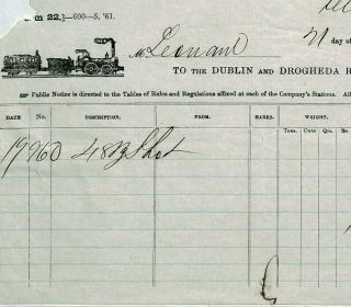 Gb Ireland Dublin & Drogheda Railway 1861 Way Bill Trains {samwells - Covers}cv239