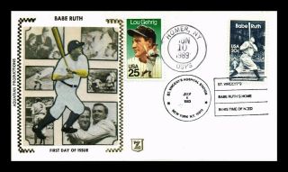 Dr Jim Stamps Us Lou Gehrig Babe Ruth Z Silk Baseball Combo First Day Cover