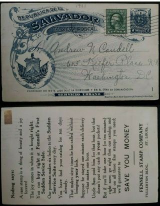 Rare 1921 El Salvador / United States Stamped Postcard W Extra 1c Stamp St Louis