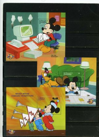St.  Vincent 1998 Walt Disney " Mickey Mouse 70th Birthday " Set Of 3 S/s Mnh