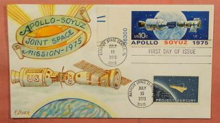 1975 Fdc 1569 Apollo - Soyuz Space Test Project Ralph Dyer Handpainted Cachet