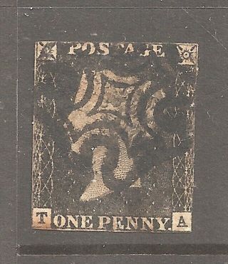 1840 Queen Victoria Penny Black Sg 1 Checkletters Ta (sheet Corner Stamp)