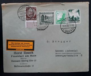 Rare 1936 Germany Cover Ties 4 Stamps Canc Frankfurt W Philatelic Label