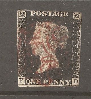 1840 Queen Victoria Penny Black Sg 1 Plate 9 " O " Flaw,  Checkletters Td
