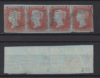 Lot:31129 Gb Qv 1841 1d Red Imperf Strip Of 4 On Blued Paper