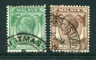 Straits Settlements Gb Kgv 2c & 5c Stamps With Christmas Island Cds Pmk
