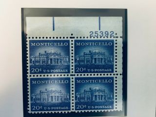 1956 Us Stamps 20¢ Monticello Liberty Series Plate Block Of 4,  Mnh
