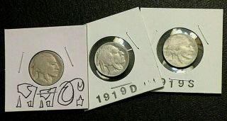 1919 P 1919 D 1919 S 5c Indian Head Buffalo Nickels - End Teens Combo Complete