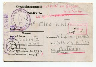 Germany 1941 Pow Mail - Censor Postcard From Stalag Prisoner To Nsw Australia