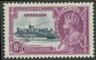 Swaziland - 1935 Silver Jubilee 6d " Short Extra Flagstaff ".  Sg24b.  Cat.  £170