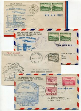 Dh Newfoundland 1946 / 1947 Airmail Ffc Covers To India / Belgium / Czech / Usa