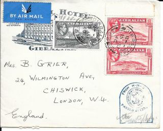 Gibraltar 1940 Censored Air Mail Cover To U K - Attractive Hotel Advertising Cov