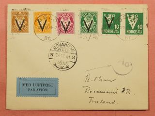 1941 Norway Wwii V For Victory Overprint Oslo Airmail Censored To Finland