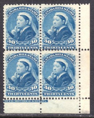 Canada Third Bill Stamp Fb49 30c Blue,  1868 Lr " Imprint " Block/4,  3 Are Og - Nh