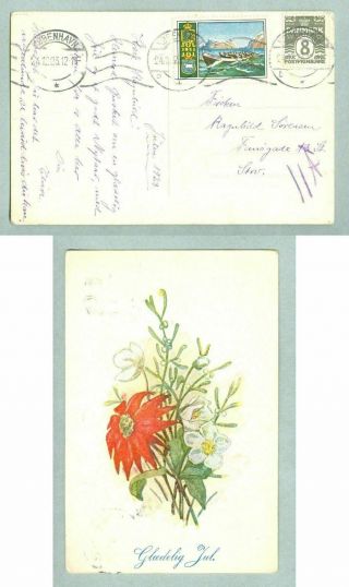 Denmark.  Christmas Card 1923 With Seal,  8 Ore.  Flowers.  3 Cancel: Dec.  24