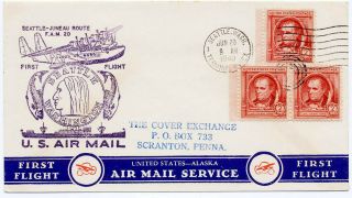Us 1940 First Flight Cover Fam 20 Seattle Wa To Juneau Alaska F20 - 1 Pacific Airw