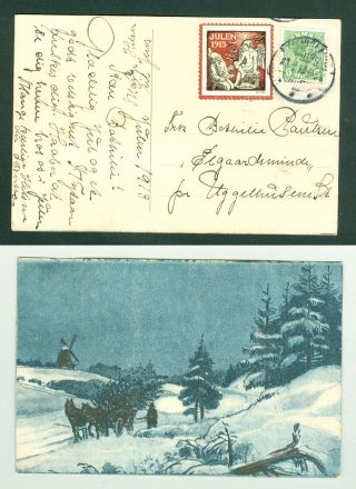 Denmark.  Christmas Card 1913.  Seal,  5 Ore.  Windmill,  Horses,  Man,  Tree.  Cancel