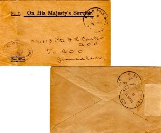 Military Mail 1918 Field Post Office To Jerusalem,  Palestine With Oval Dire
