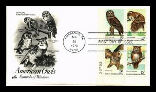 Dr Jim Stamps Us American Owls Block Of Four First Day Cover Plate Block