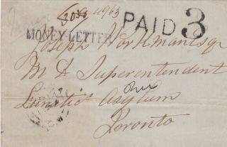 Canada 1854 Single Rate Money Letter Seneca To Toronto Paid 3d Rate