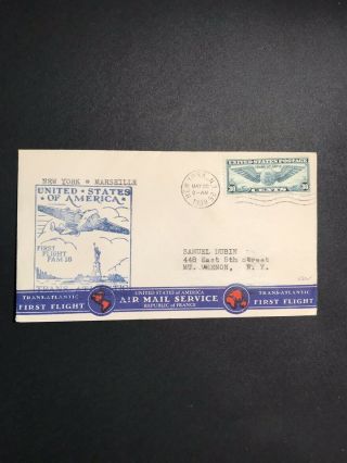 Usa Us First Flight Cover Fam 18 York To Marseille France Pan Am 1939
