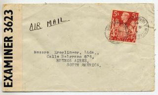 Gb 1941 Wwii Motherwell Censored Commercial Airmail Cover To Argentina 5/ - Rate