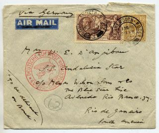 Gb 1936 Airmail Cover To Brazil Carried By Zeppelin 2/6d Seahorse Franking