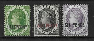 St Lucia 1882 - 1884 Lh Set Of 3 Stamps Sg 25 - 26 & 28 Cv £135