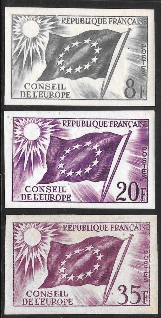 France 1958 Council Of Europe Flag Stamps,  Trial Color Proofs,  3 Stamp Set