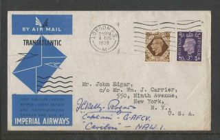 Gb 1939 Imperial Airways First Flight Cover Pilot Signed No.  6 Of 6 Issued