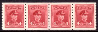 Canada 267 4c Dark Carmine,  1943 Kgvi War Coil Strip/4,  Vf,  Og - Nh