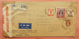 1942 India Kgvi 10rp Bombay Registered Airmail To Usa Wwii Censor