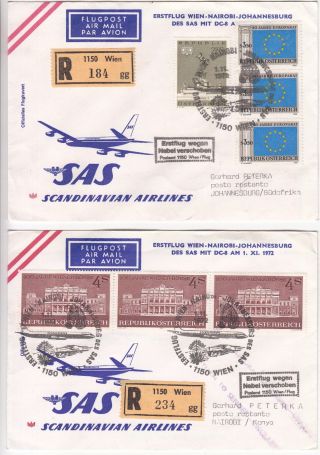 Scandinavian Airlines: 2 First Flight Covers; Vienna - Nairobi - Joburg,  1 Nov 1972