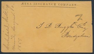 1855 Stampless Aetna Insurance Cover,  Halifax To Bridgetown Ns,  Rated 3
