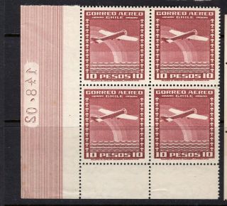 Chile 1934 - 55 International Airmail 10p Wmk.  4 Mnh Block Of 4 Plate Number 148 - 02