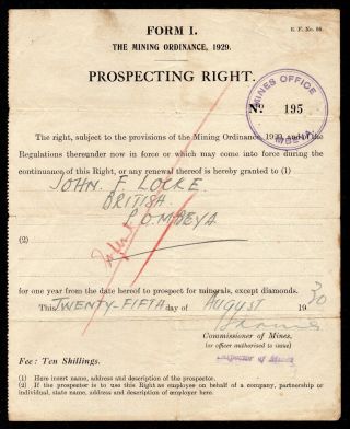 1930 Prospecting Right Mining Document Drawn Mbeya On Tanganyika/rhodesia Border