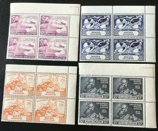 Malaya Singapore - 1949 75th Anniversary Upu,  Set Of 4 Blocks Of 4 Stamps,  Mnh