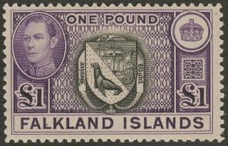 Falkland Islands 1944 Kgvi £1 Grey - Black,  Bluish Violet Sg163 C£130 Toned