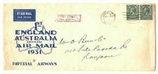 Gb Air Mail First Flight Cover Burma To Australia 1931{samwells} Pa44