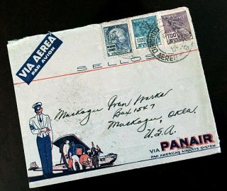 Panair Brazil 1934 Illustrated Airmail Cover Envelope Sao Paolo To Oklahoma