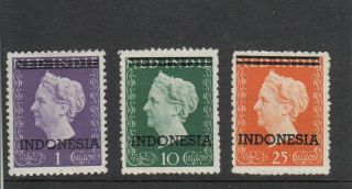 1948 Indonesia 3 Stamps Dutch Admin.  O/prints.  Sg537a;539;540 Mh Cat Val £387,