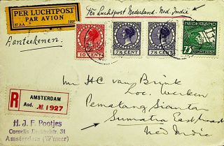 Nederland 1928 Rare Regd Airmail Luchtpost Cover To Sumatra Ned Indies - N44411