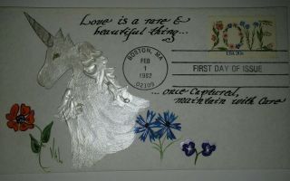 Val 1982 Love Unicorn Hand Drawn & Hand Painted Hp Hd First Day Cover Fdc